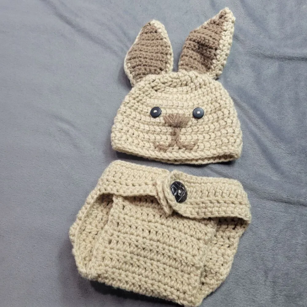 Crocheted Bunny Hat & Diaper Cover Baby Set‎ With Pom Pom Tail